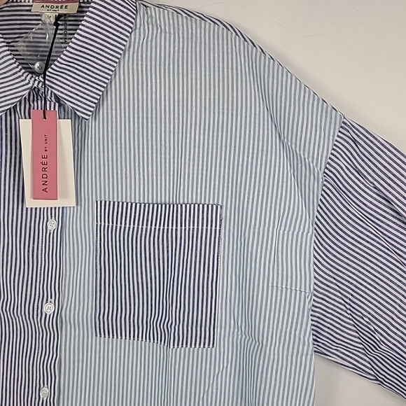 Andree by Unit Women's Yours or Mine Striped Button Down Shirt Sz M Blue White - Picture 3 of 9